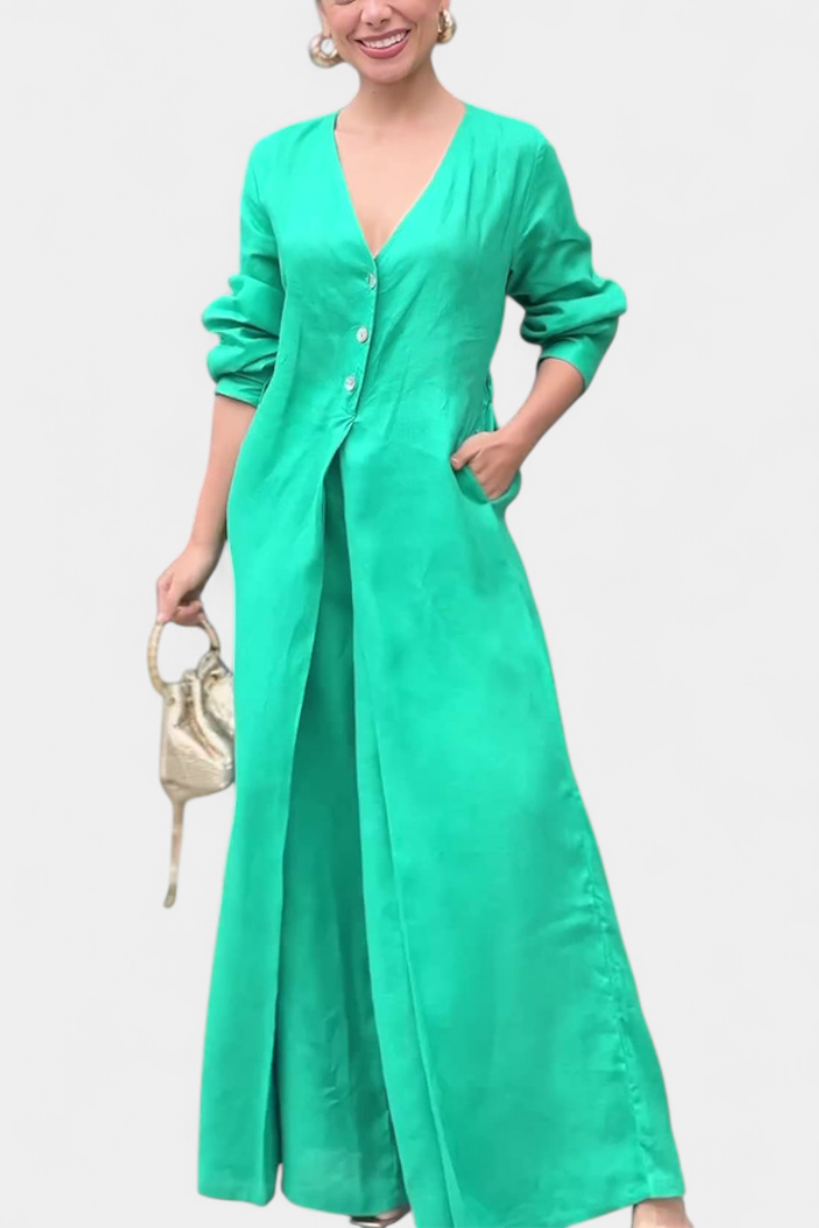 V-Neck Button Front Longline Top and Wide Leg Pants Two Piece Set 8