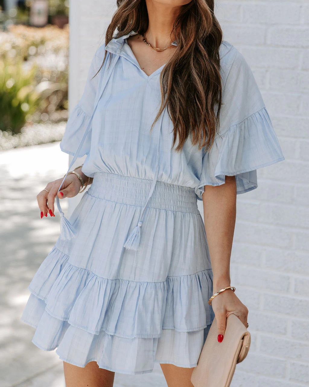 Short Sleeve Smocked Waist Tiered Mini Dress