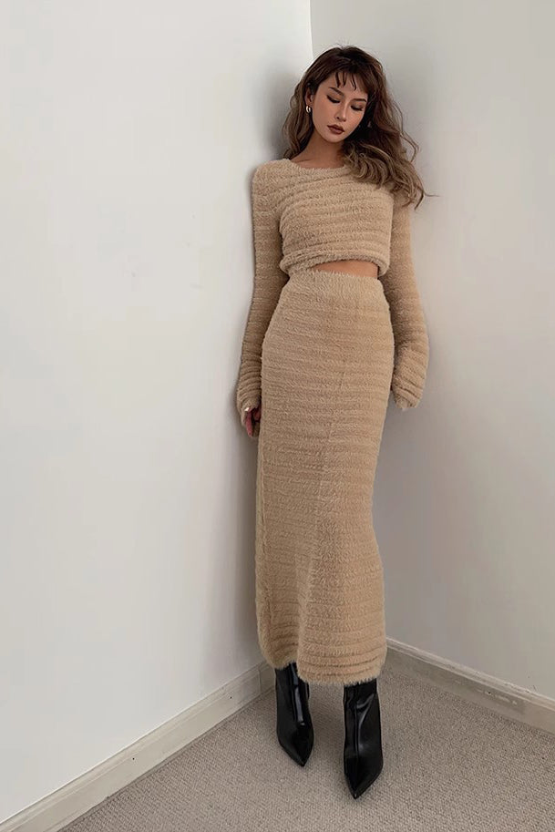 Chic Long Sleeve Crop Sweater and High Waist Skirt Set