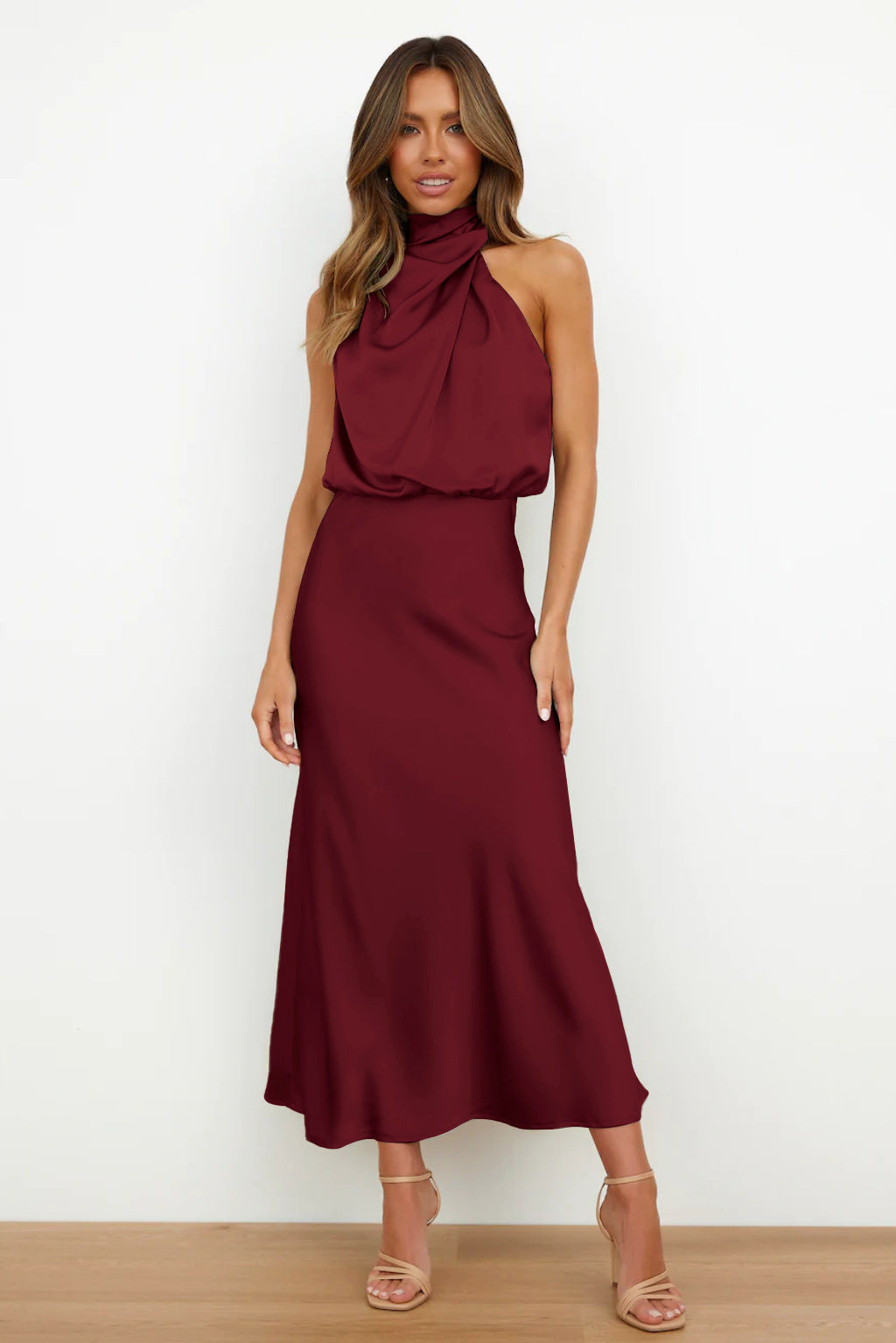 Halter Neck Blouson Bodice Sleeveless Bias Cut Midi Dress - View 3