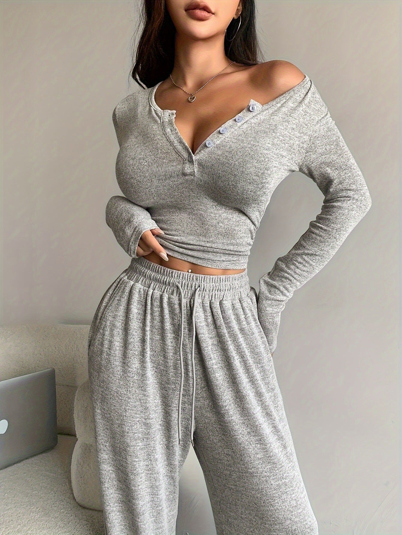 V-neck button Long-sleeved T-shirt and Wide-leg Pants Suit