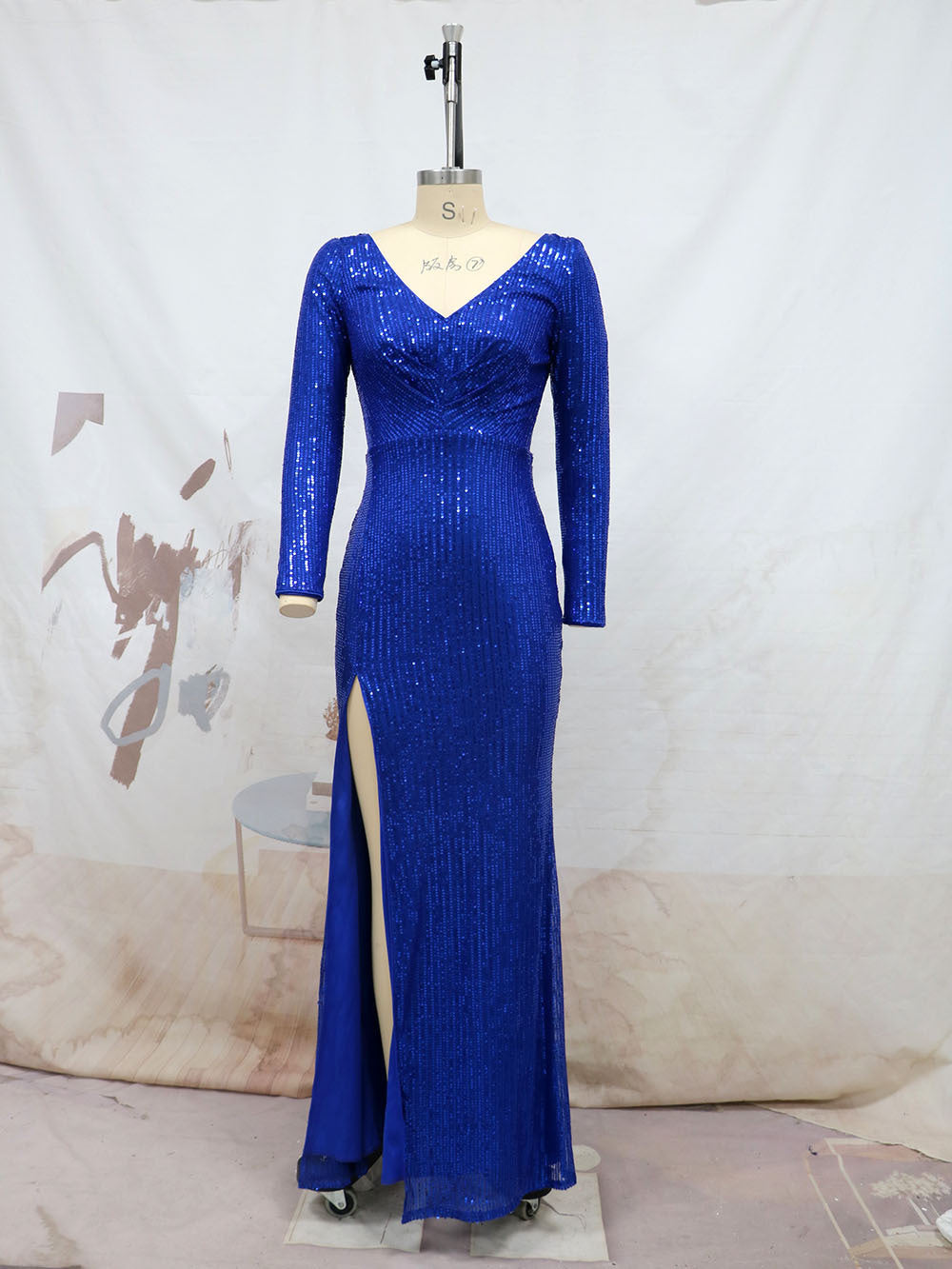 Sequin Deep V-Neck Long Sleeve High Split Mermaid Evening Gown - View 6