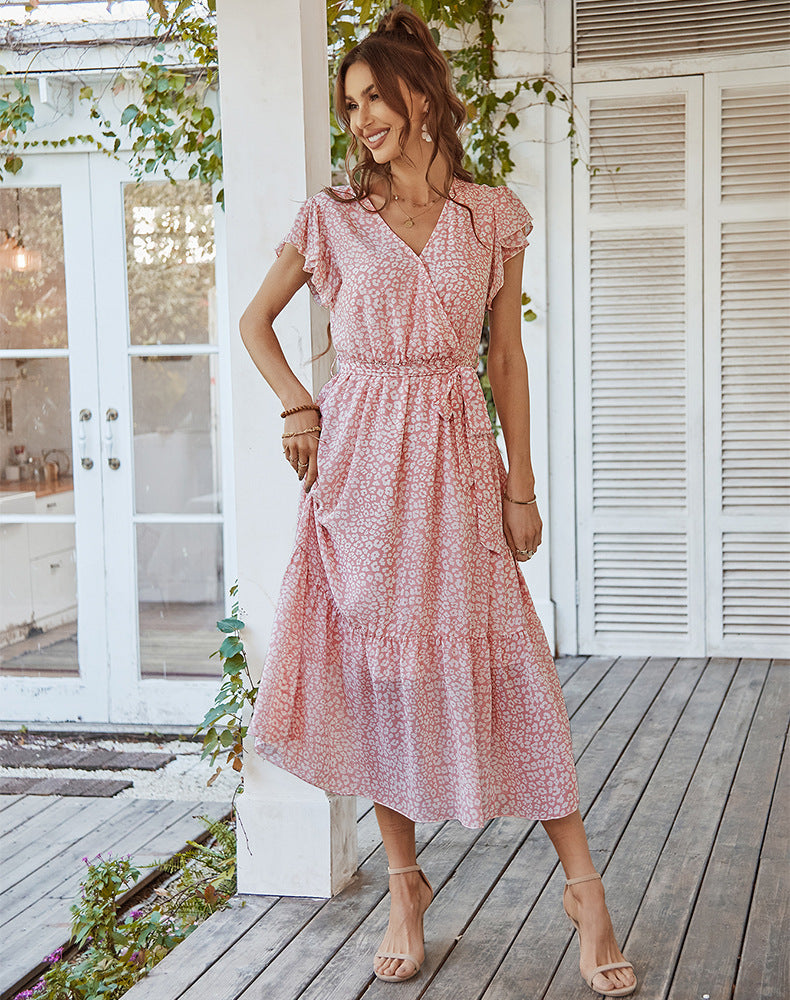 Floral Print V-Neck Flutter Sleeve Wrap Midi Dress
