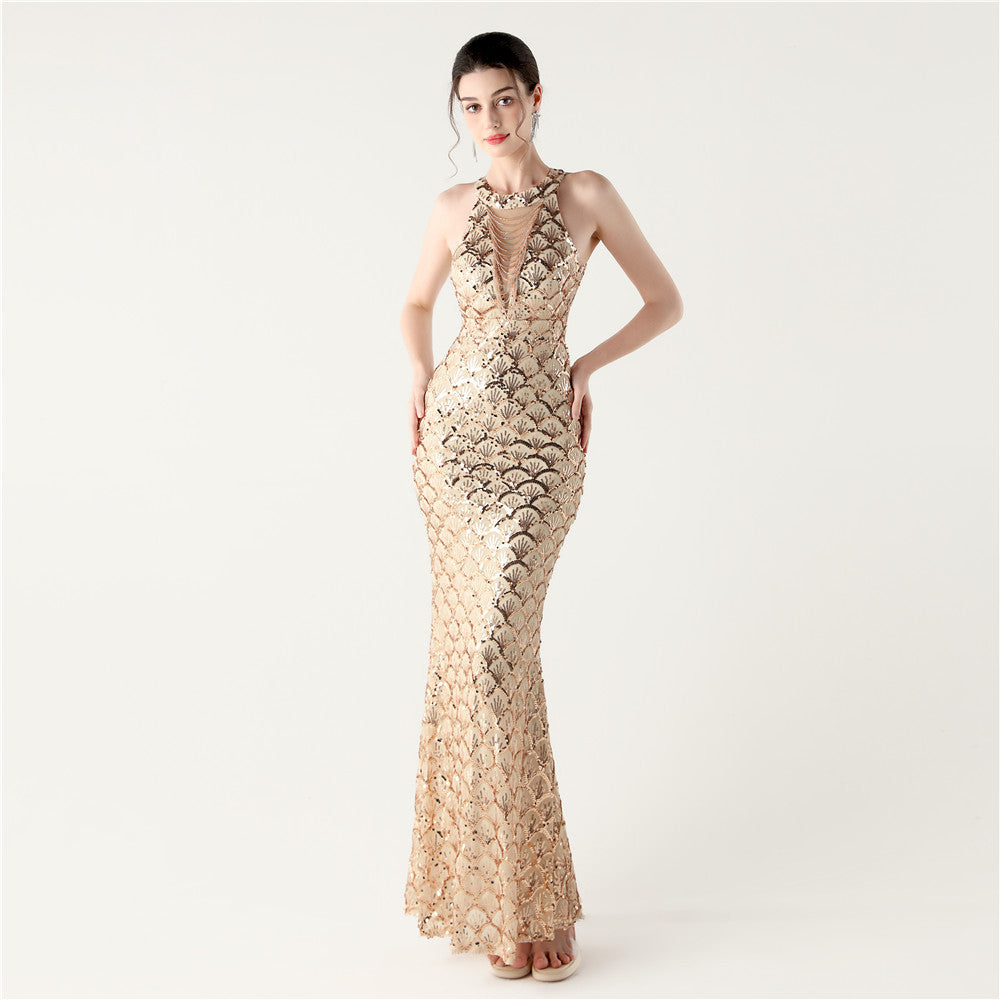 Sequin Halter Neck Backless Mermaid Maxi Evening Gown - View 8