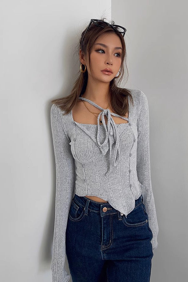 Asymmetrical Hem Rib-Knit Sweater Top for Effortless Style