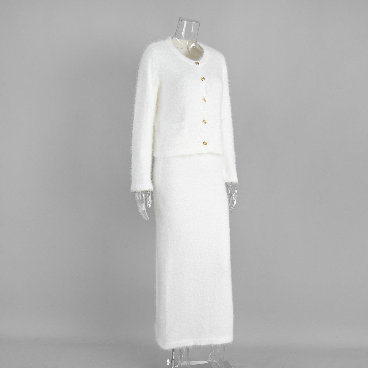 Plush Long-Sleeved Coat and Maxi Skirt Set for Elegance