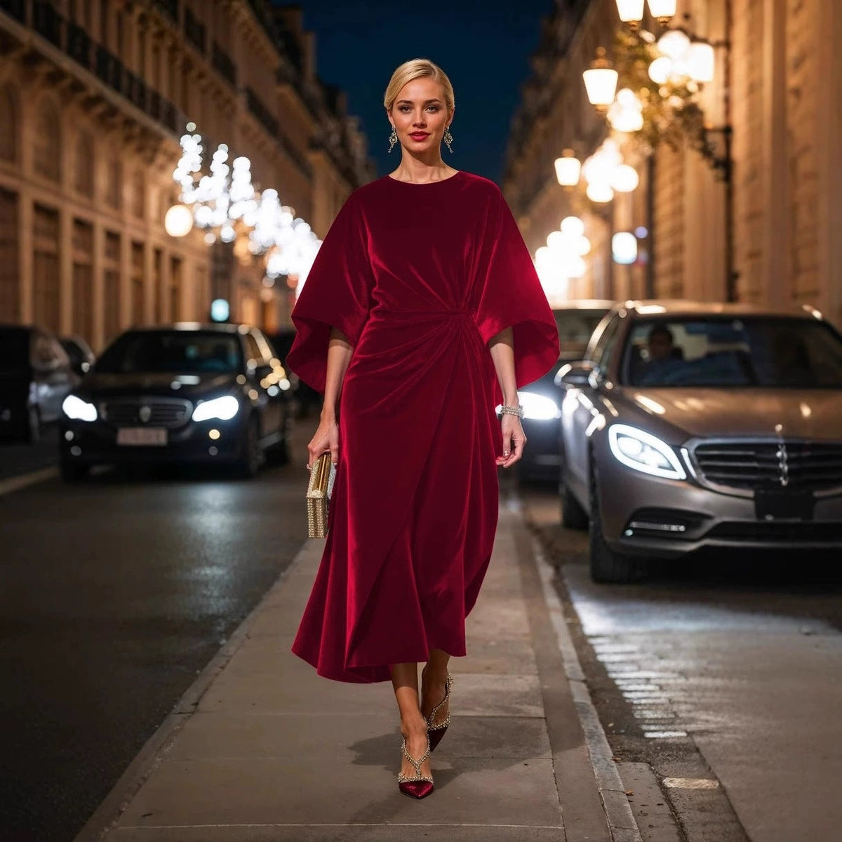 Velvet Round Neck Batwing Sleeve Side Twist Ruched Midi Cocktail Dress - View 4