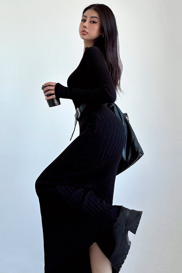 V-Neck Long Sleeve Knit Sweater Dress for Effortless Style