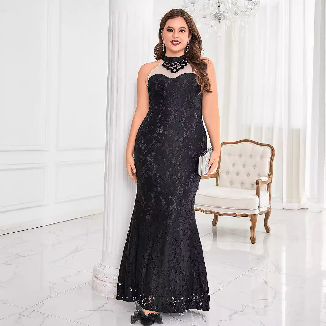 Plus Size Solid Color Small Round Neck Sleeveless Dress Elegant Slim Fit Sheath Cocktail Evening Dress - Fashionpara