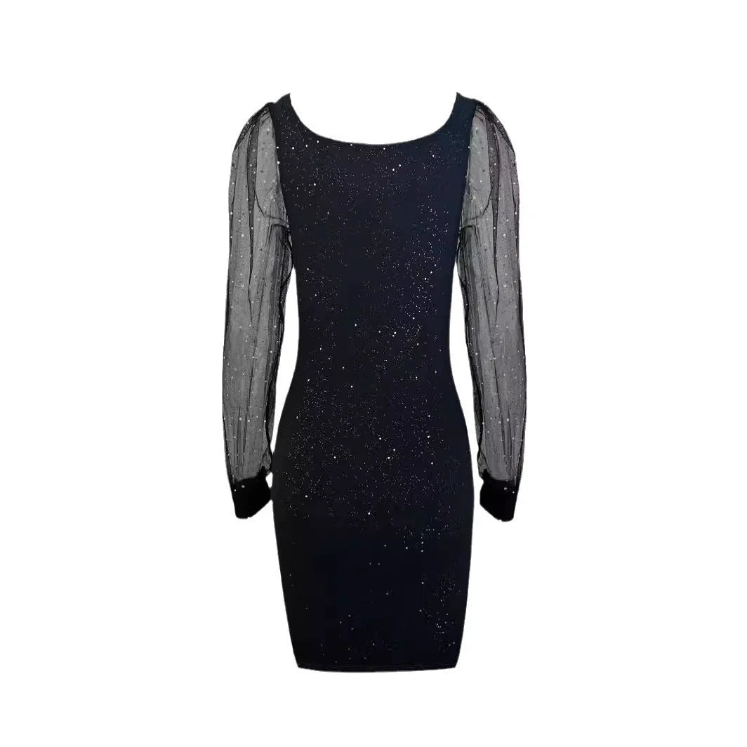 V-neck mesh sleeve evening dress with gilded hip-wrapped dress - Fashionpara