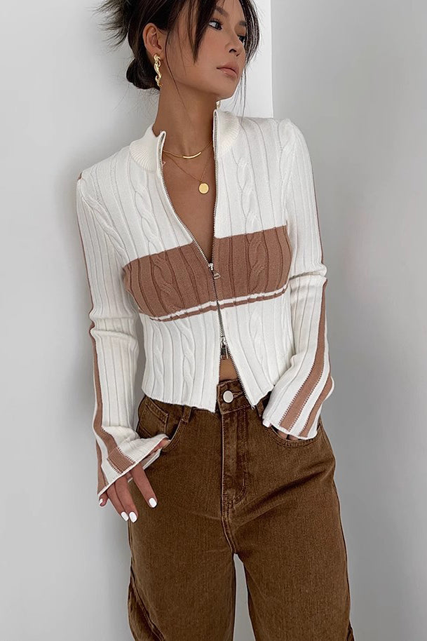 Zip Detail Contrast Cable Knit Cardigan for Elegant Style