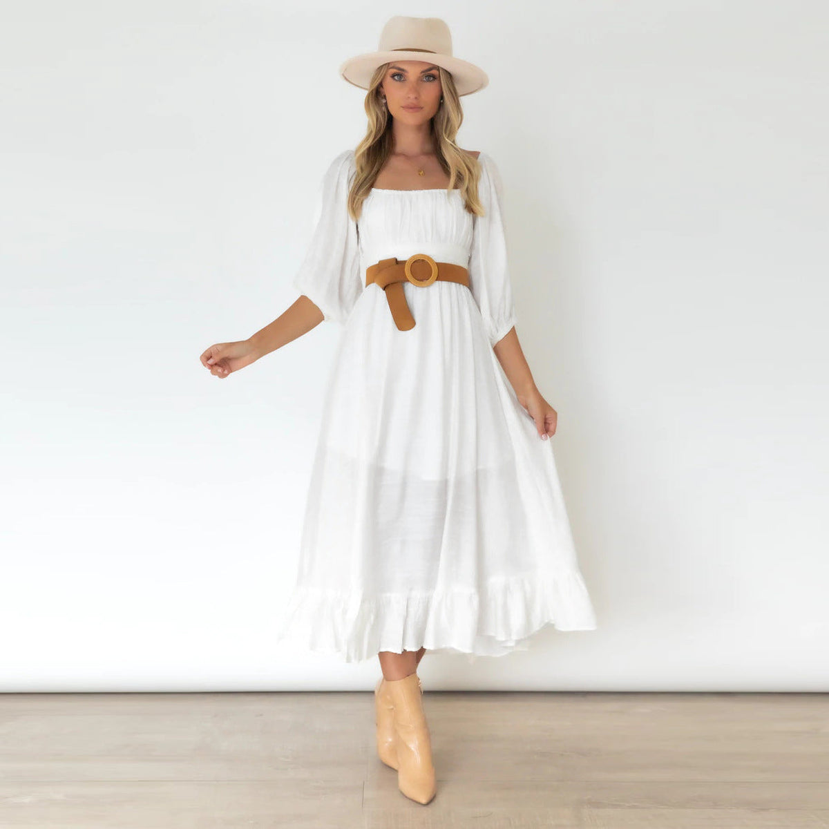 Square Neck Puff Sleeve Empire Waist Midi Dress