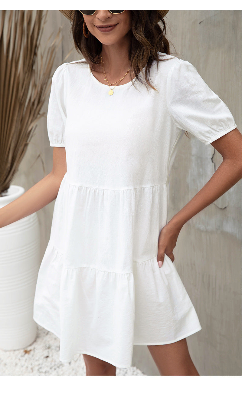 Round Neck Puff Sleeve Tiered Babydoll Mini Dress