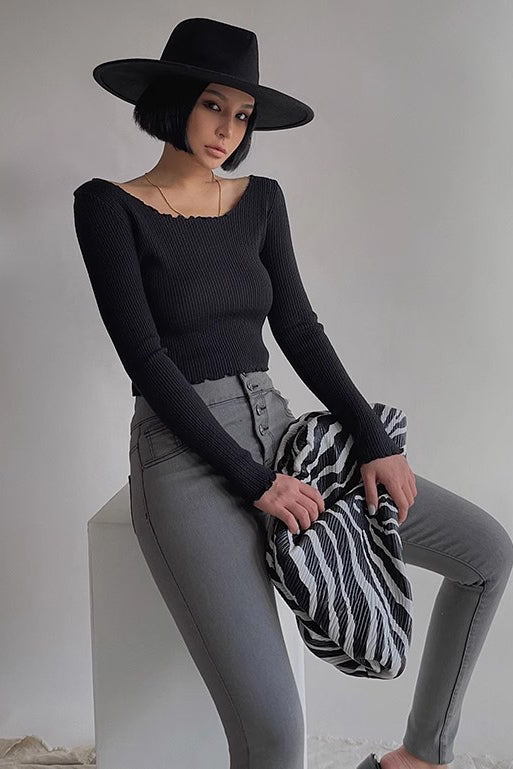 Rib-Knit Cut Out Sweater with Elegant Ruffle Trim