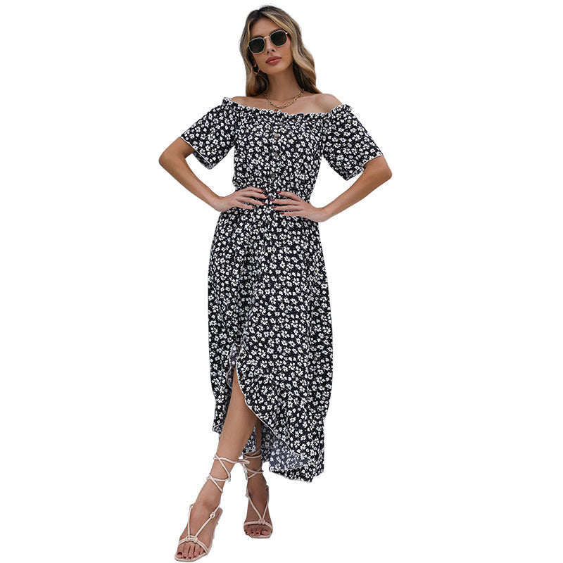 Floral Print Off Shoulder High-Low Midi Dress
