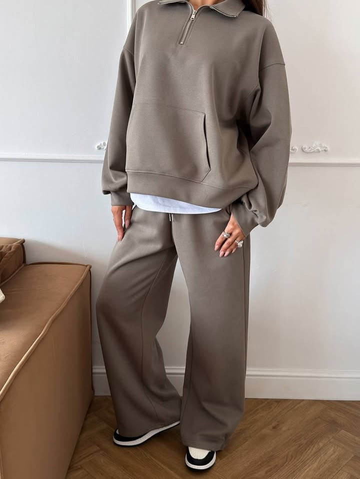 Zippered Half-High Collar Pullover and Wide-Leg Pants Set