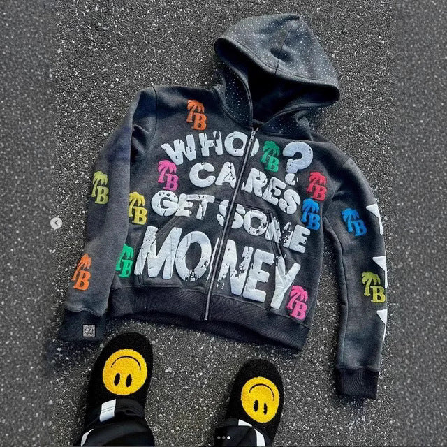 Retro Letter Print Y2K Loose Comfortable Zip Hoodie