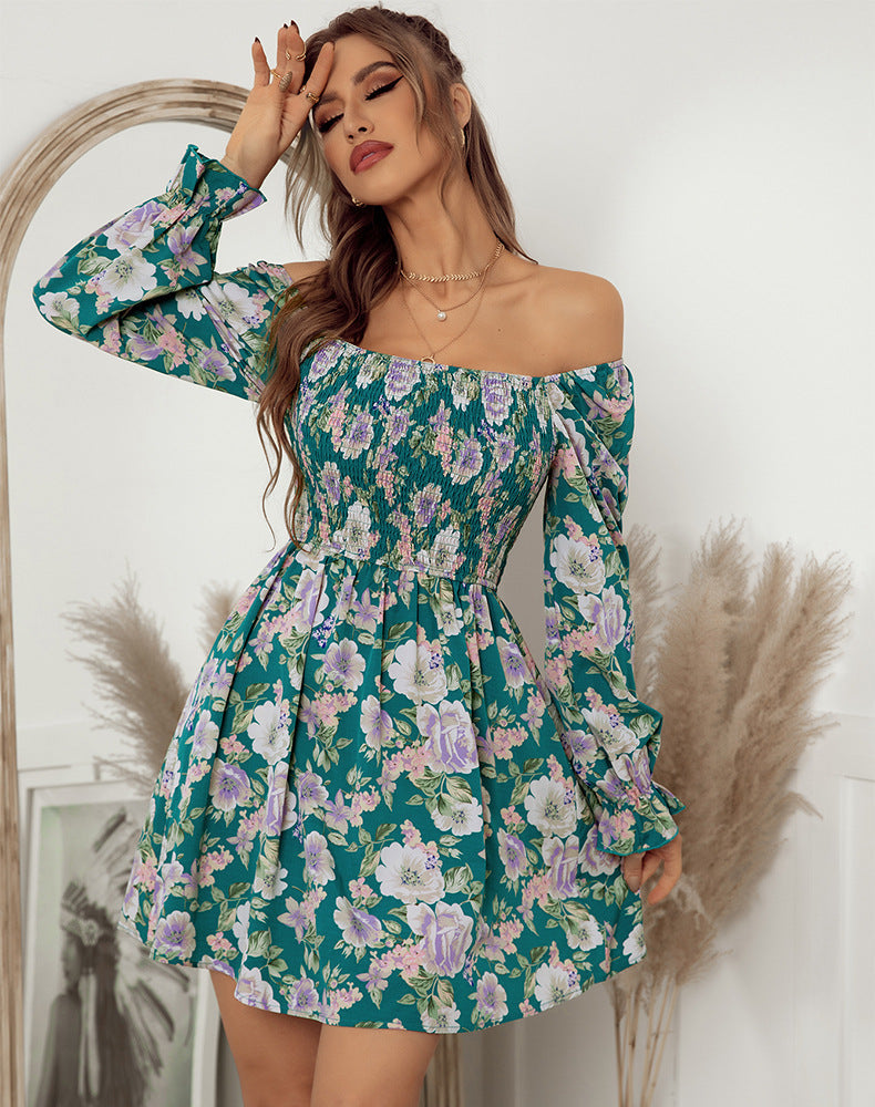Floral Print Square Neck Long Sleeve Smocked Mini Dress