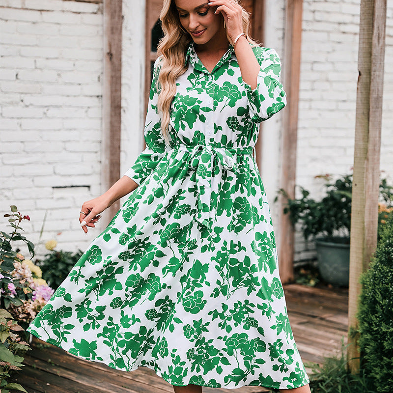 Floral Print Collared Long Sleeve Button Down Fit & Flare Midi Dress