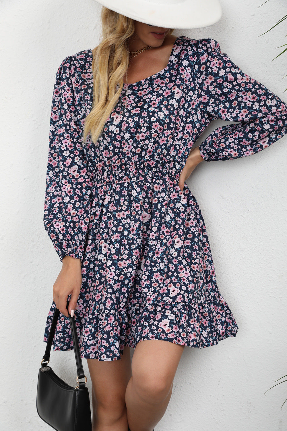 Floral Print Square Neck Long Sleeve Smocked Mini Dress