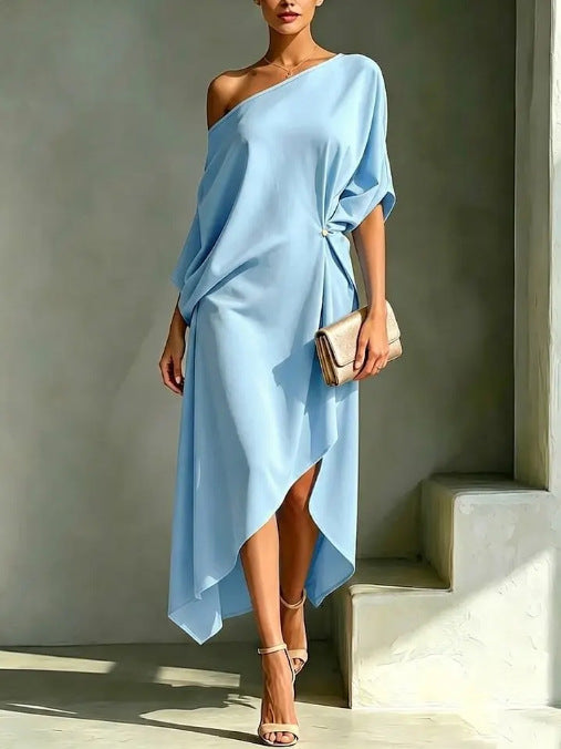 One Shoulder Batwing Sleeve Asymmetric Hem Satin Midi Dress 2