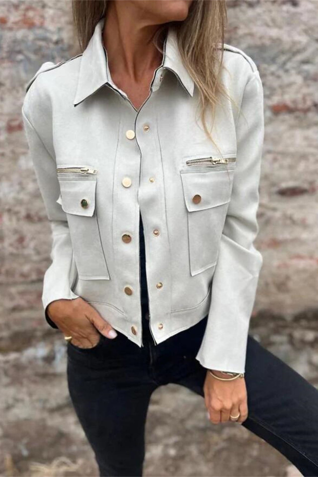 Lapel Long Sleeve Jacket with Metal Zipper for Stylish Comfort