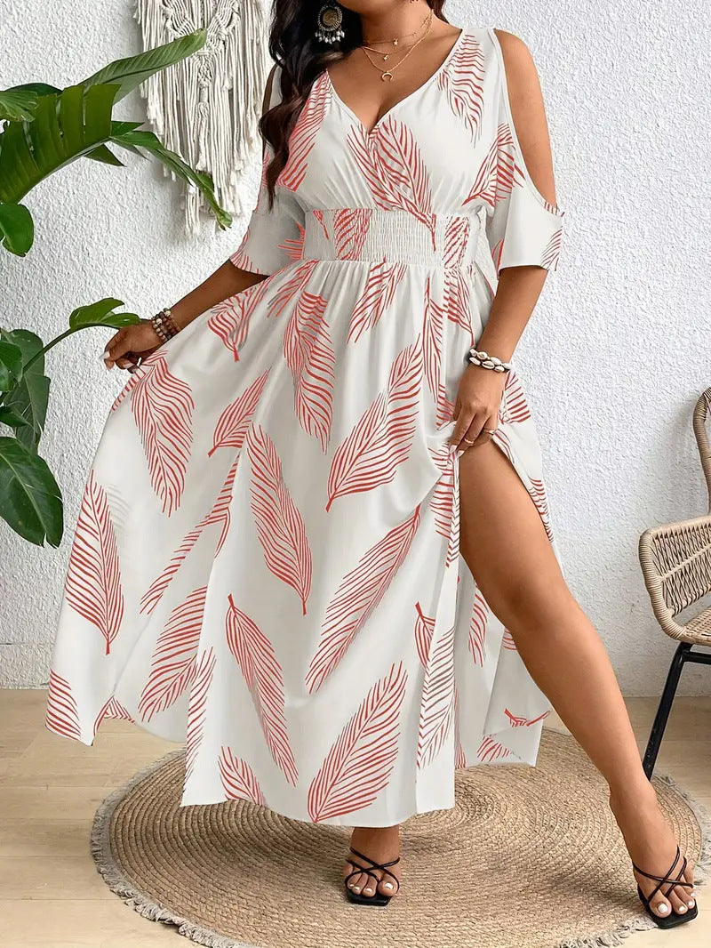 V-Neck Cold Shoulder Leaf Print High Split Maxi Dress