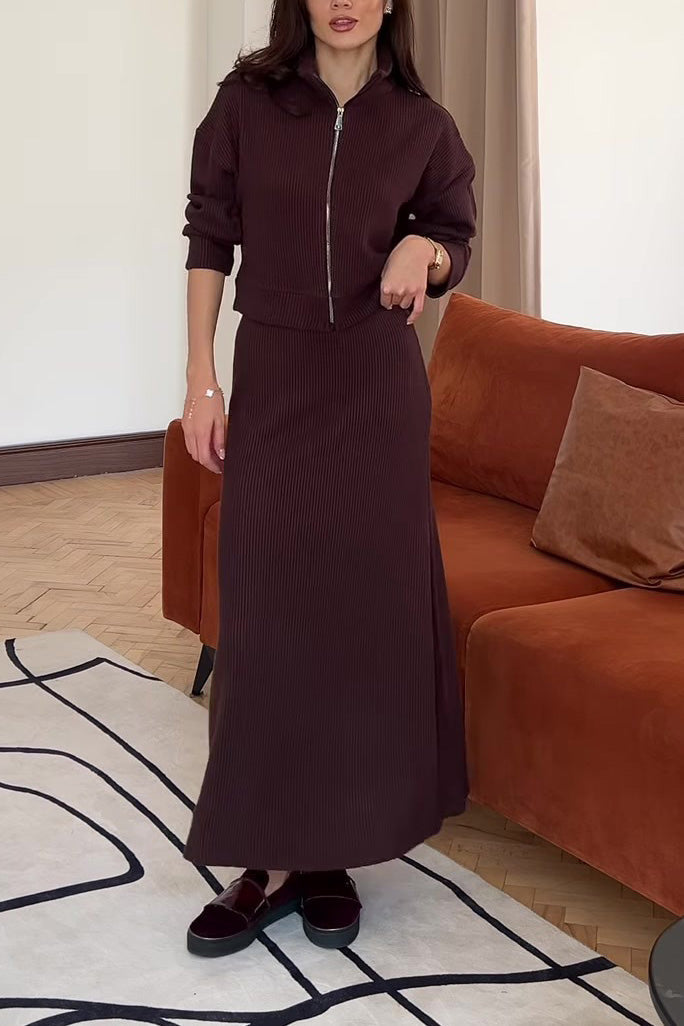 Chic Solid Color Knit Lapel Zip-Up Coat and Maxi Skirt Set