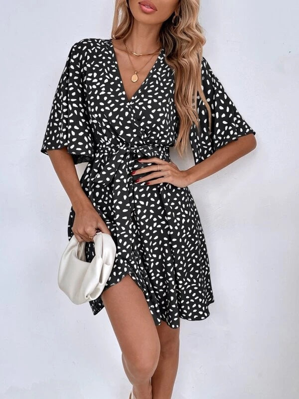Printed V-Neck Flutter Sleeve Wrap Mini Dress