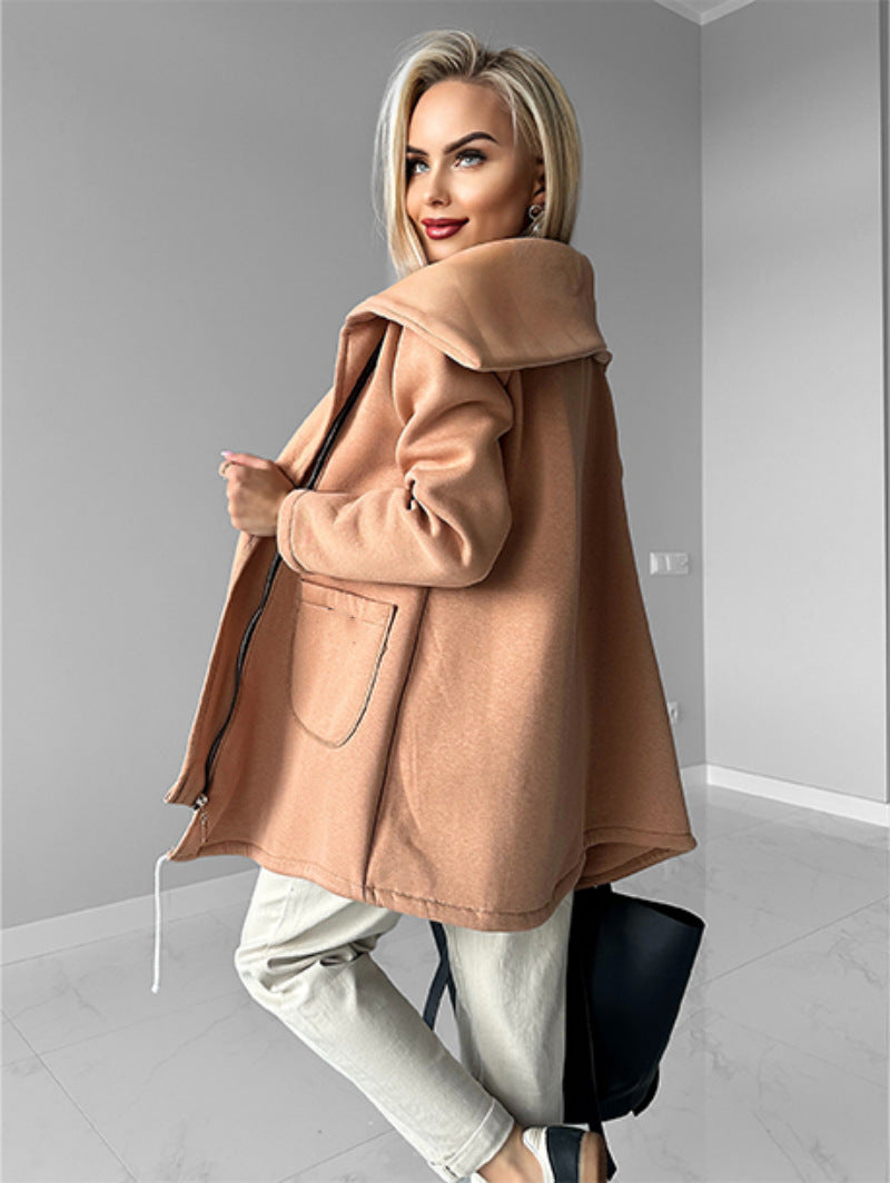 Lapel Mid-Length Fleece Jacket with Oblique Zipper Design