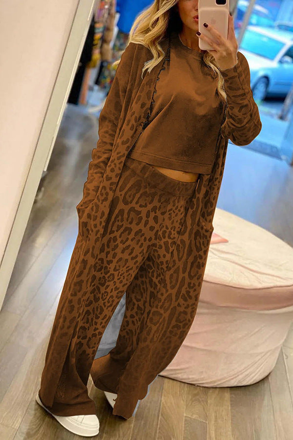 Leopard Print Long Sleeve Cardigan and Pants Set for Chic Style