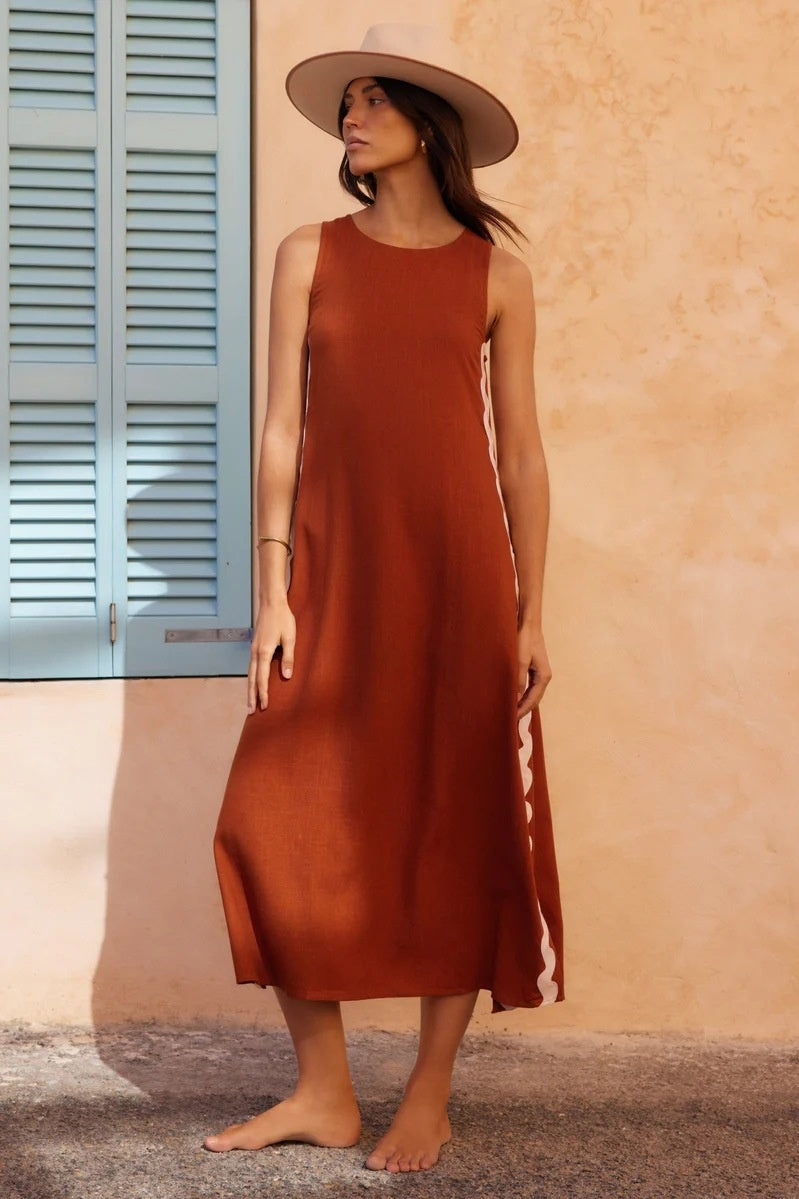 Scalloped Side Trim Sleeveless A-Line Shift Midi Dress