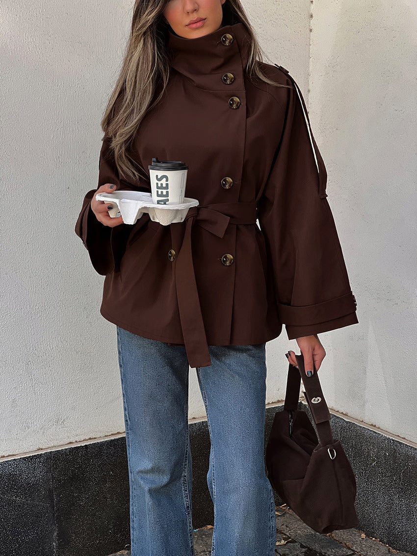 Turtleneck Double Breasted Waist Tie Coat