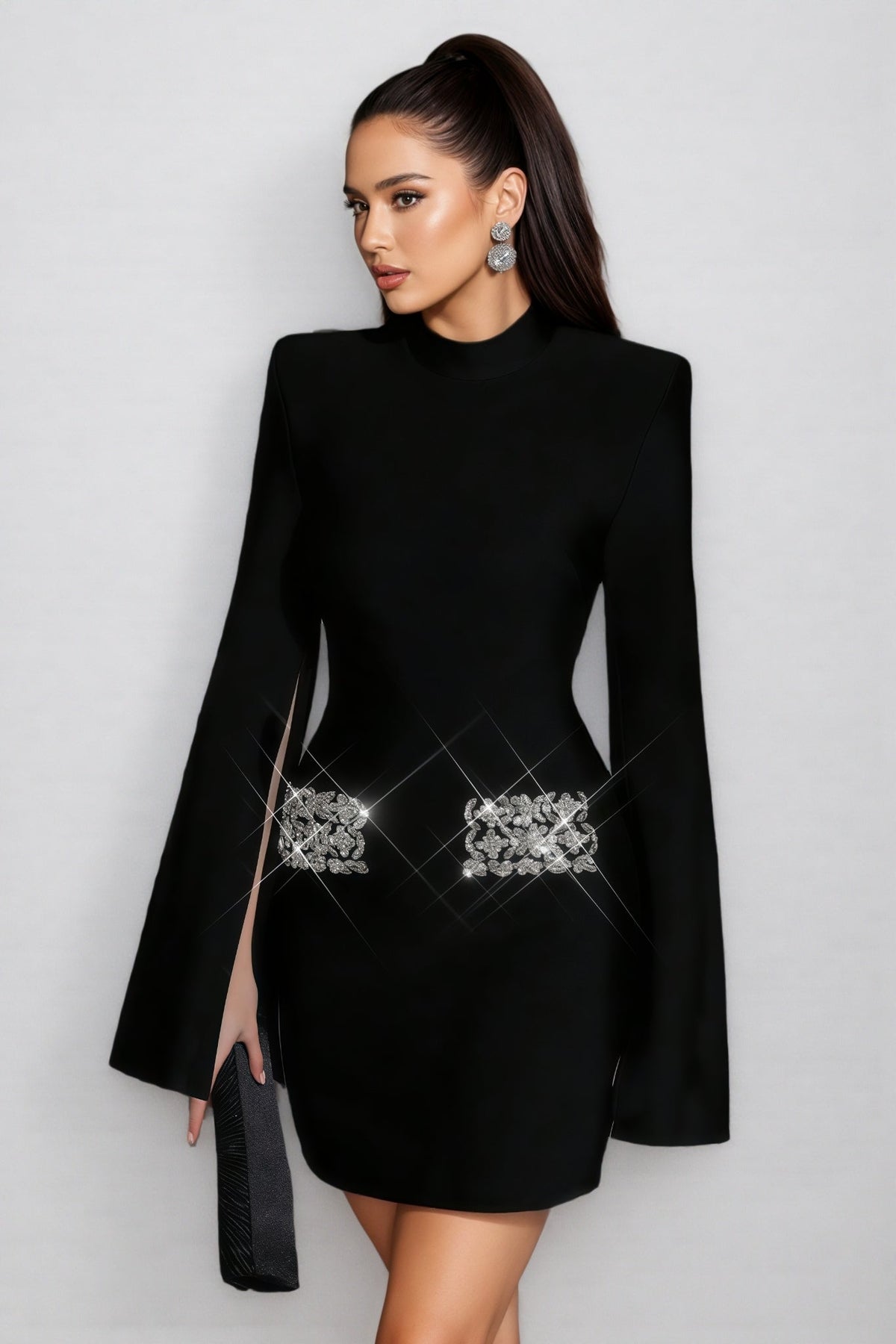 Rhinestone Waist Bandage Mock Neck Structured Bodycon Mini Dress - View 4