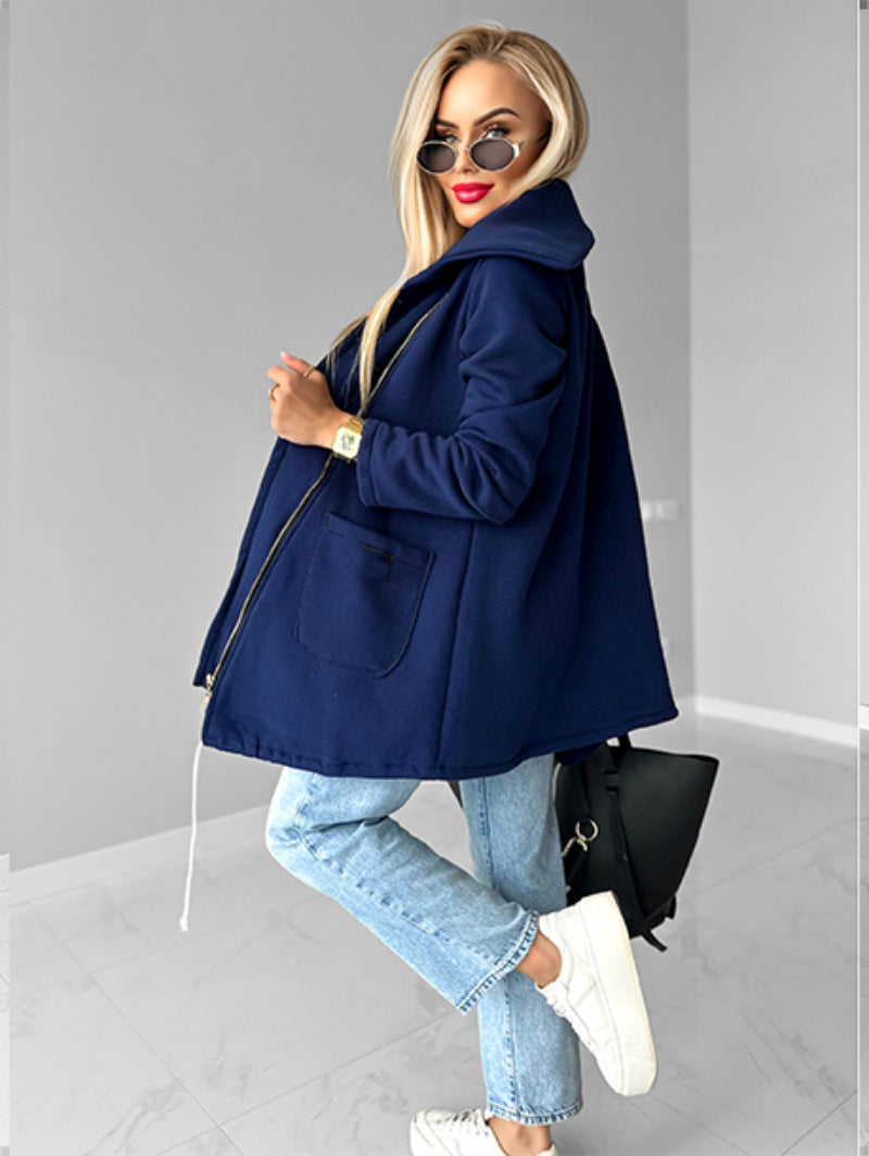 Lapel Mid-Length Fleece Jacket with Oblique Zipper Design