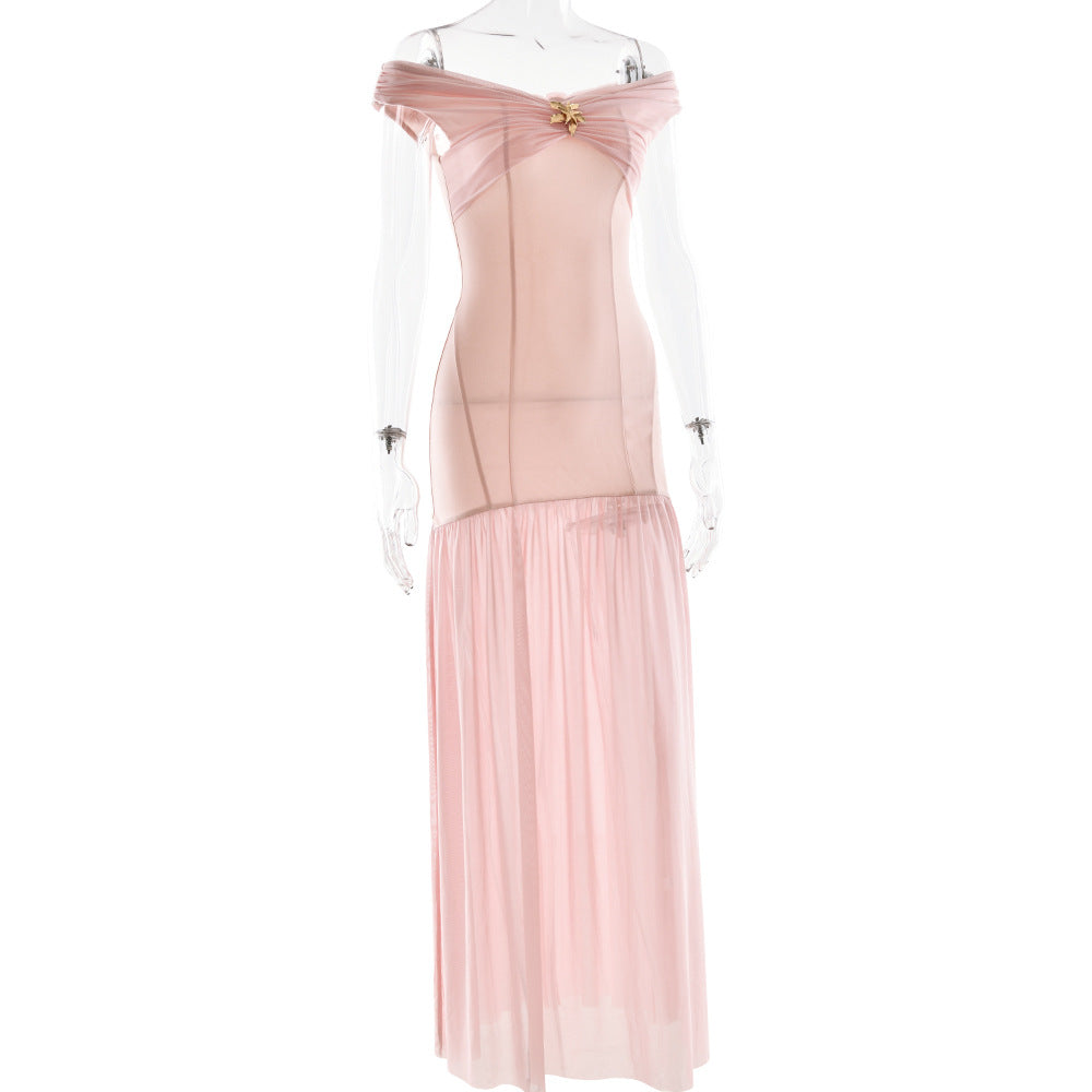 Off-Shoulder Ruched Brooch Drop-Waist Chiffon Maxi Gown 12