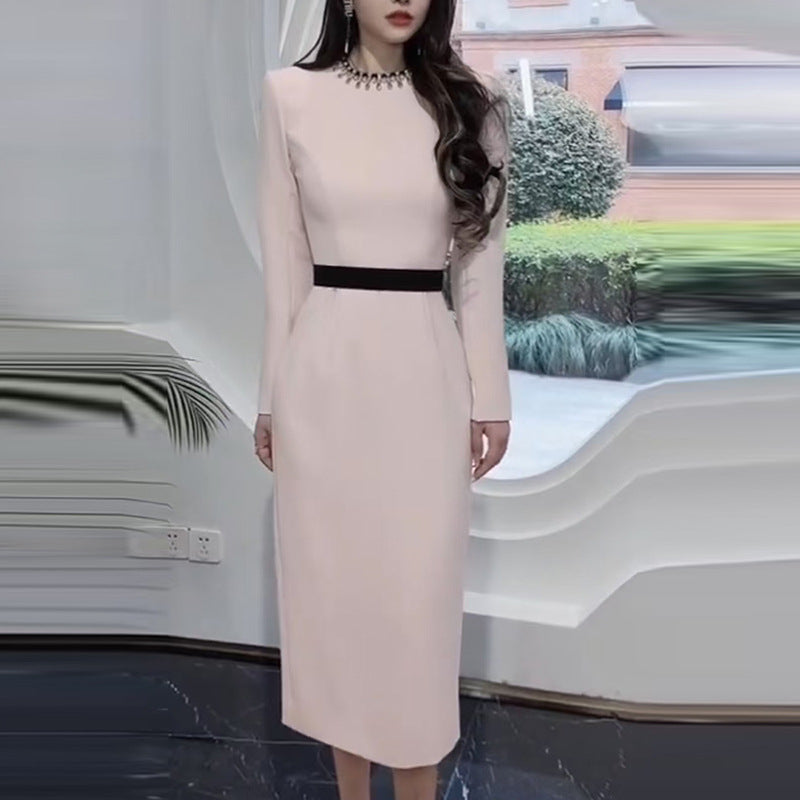 Beaded Collar Long Sleeve Belted Sheath Midi Dress