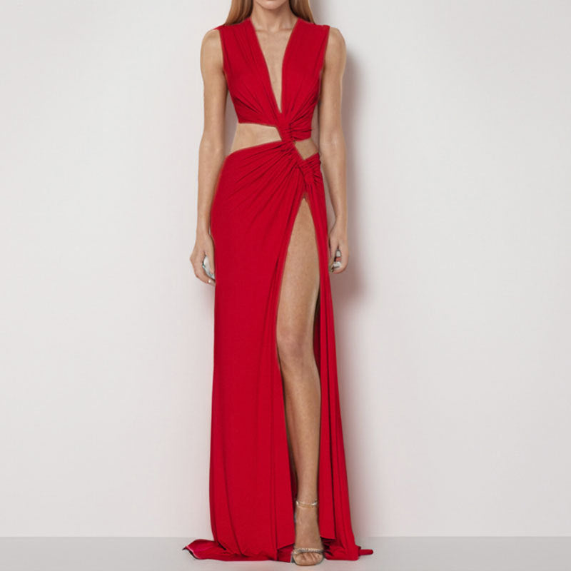 Cut Out Slit Hem V Neck Bodycon Irregular Maxi Dress