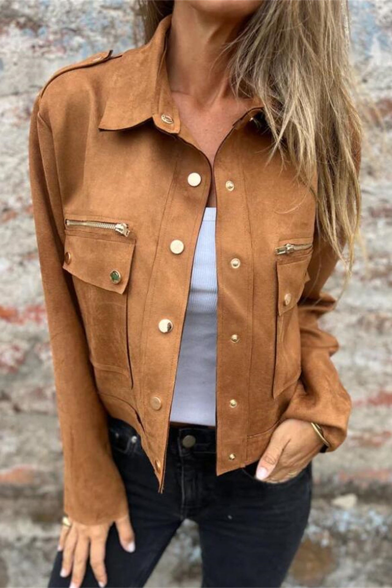 Lapel Long Sleeve Jacket with Metal Zipper for Stylish Comfort