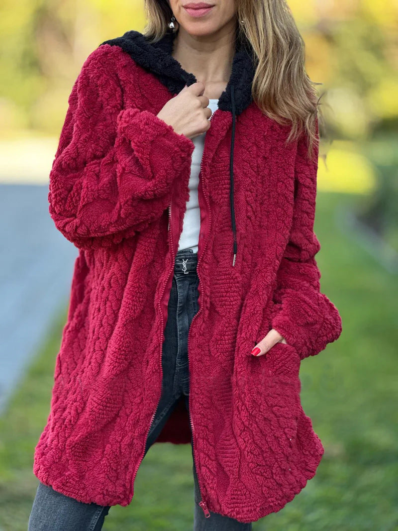 Mid-Length Vintage Hooded Fur Zip-Up Knitted Coat for Comfort