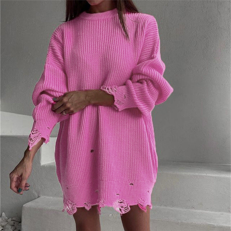 Ripped O Neck Oversized Sweater Dress for Effortless Style