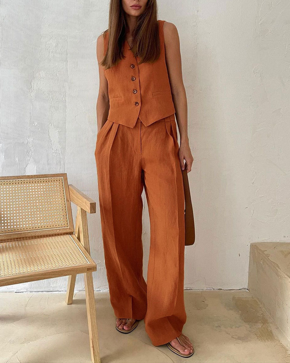 Linen Sleeveless Vest and Low-Rise Pants Set for Comfort