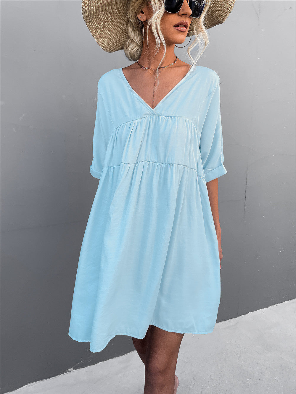 V-Neck Short Sleeve Babydoll Mini Dress
