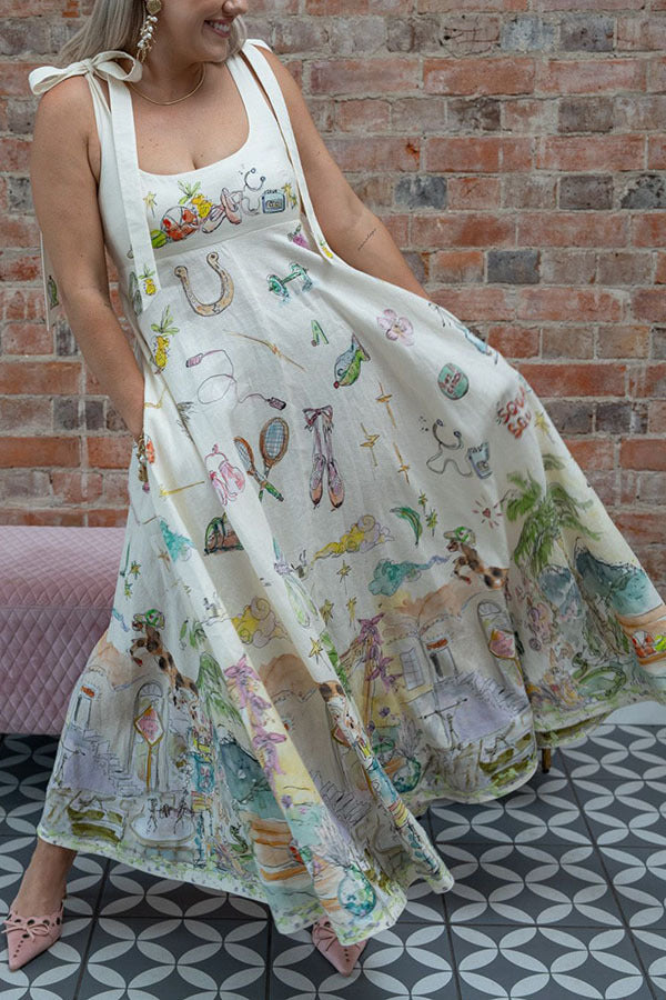 Tie-Drawn Linen Loose-Fit Print Dress