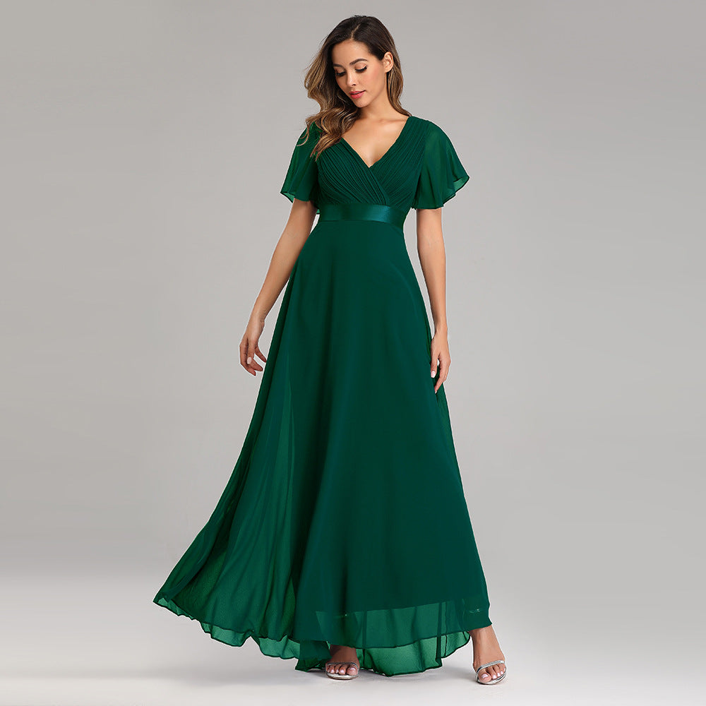 Chiffon V-Neck Flutter Sleeve Pleated A-Line Maxi Dress