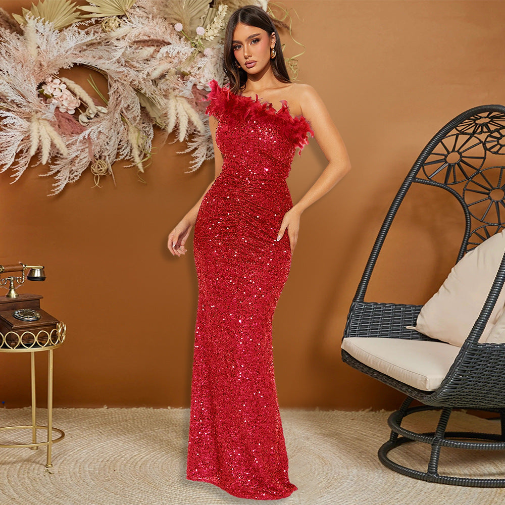 Sequin Feather Trim Strapless Ruched Mermaid Maxi Gown - View 4