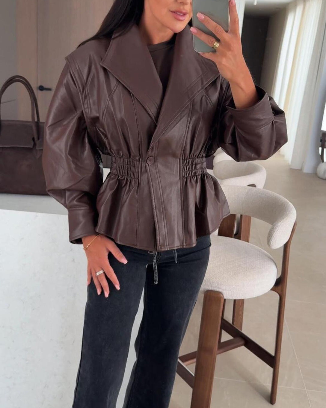 ShoptheCIC Classic Cropped PU Jacket with Stylish Lapel Design