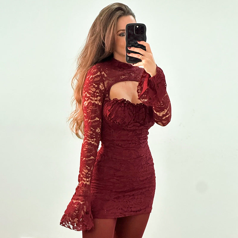 Lace Mock Neck Chest Cut Out Bell Sleeve Bodycon Mini Dress