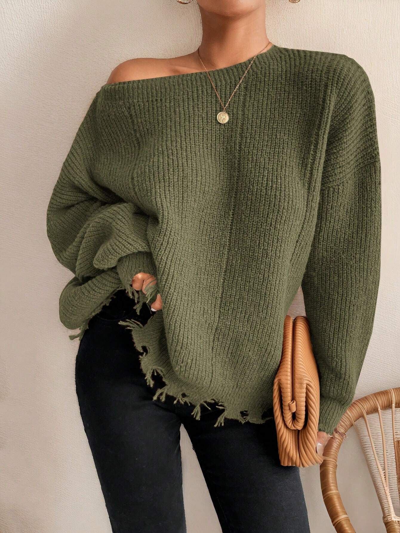 ShoptheCIC Loose Knit Ripped Design Round Neck Sweater