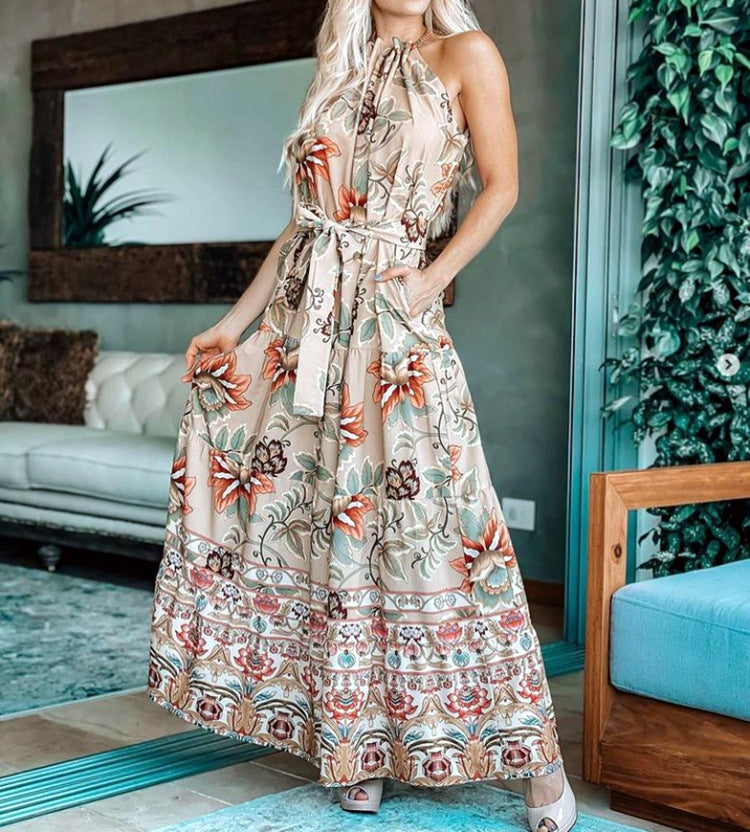 Floral Print Halter Neck Tiered Maxi Dress